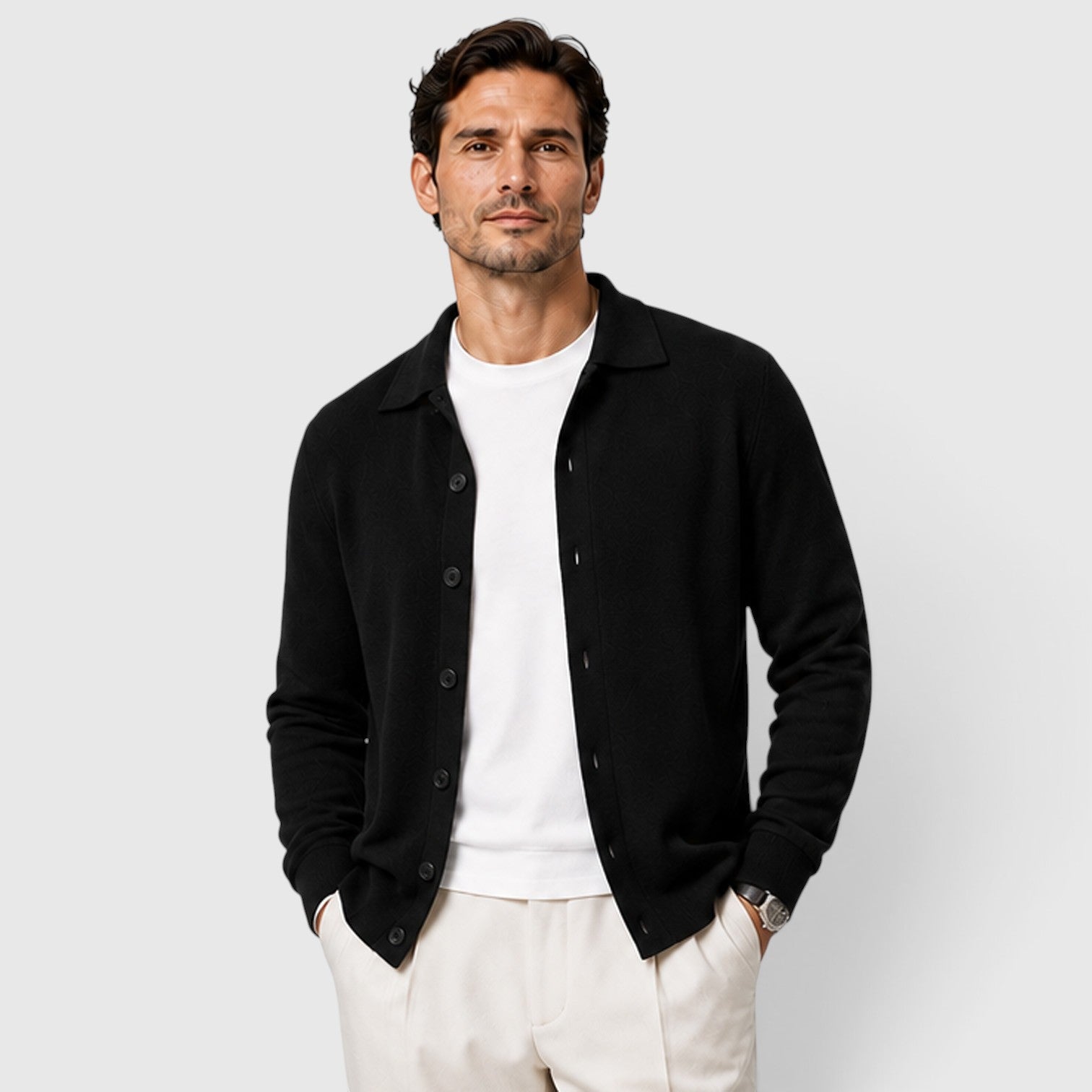 Monvaline | Men's Wool Knit Cardigan Collared Button-Up Slim Fit