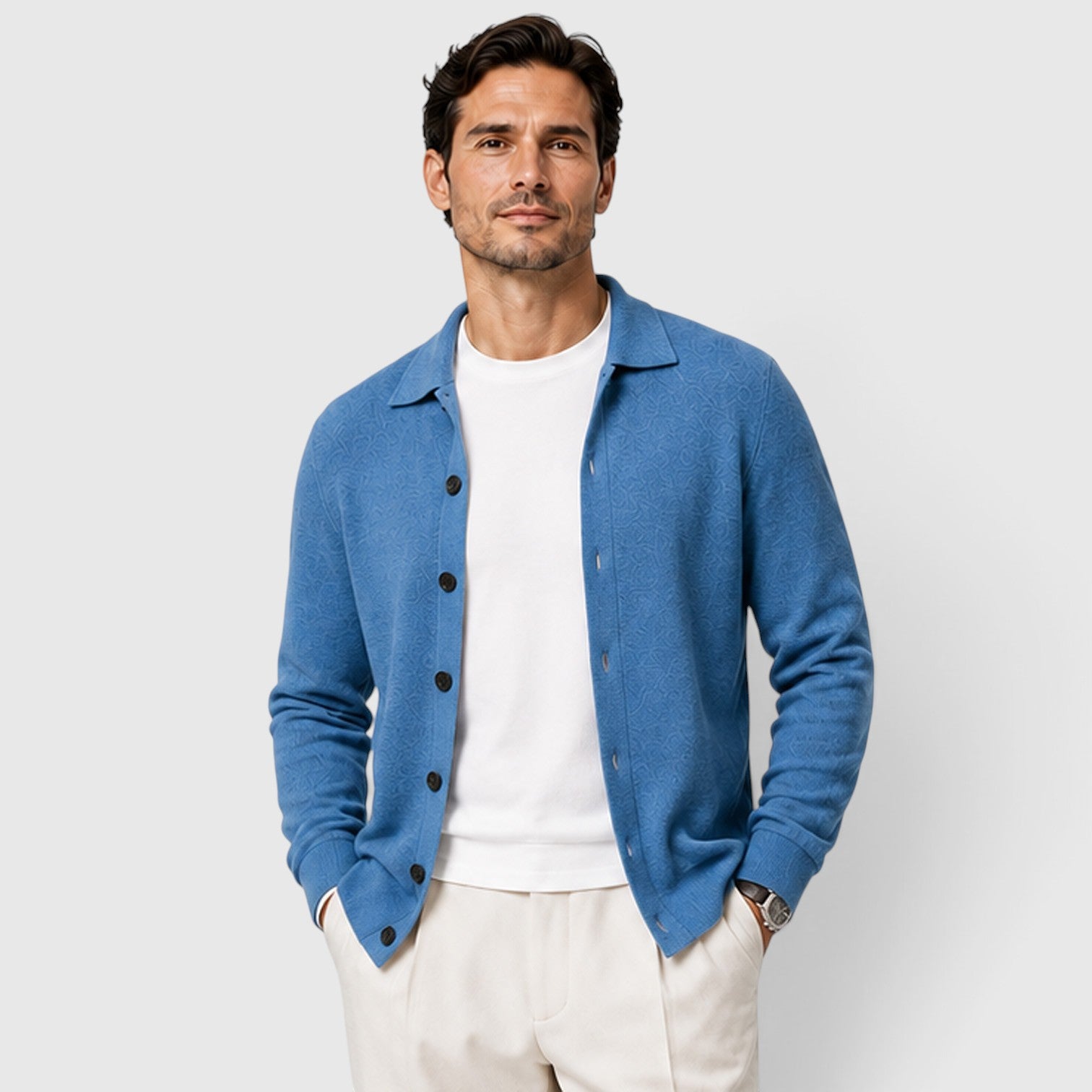 Monvaline | Men's Wool Knit Cardigan Collared Button-Up Slim Fit