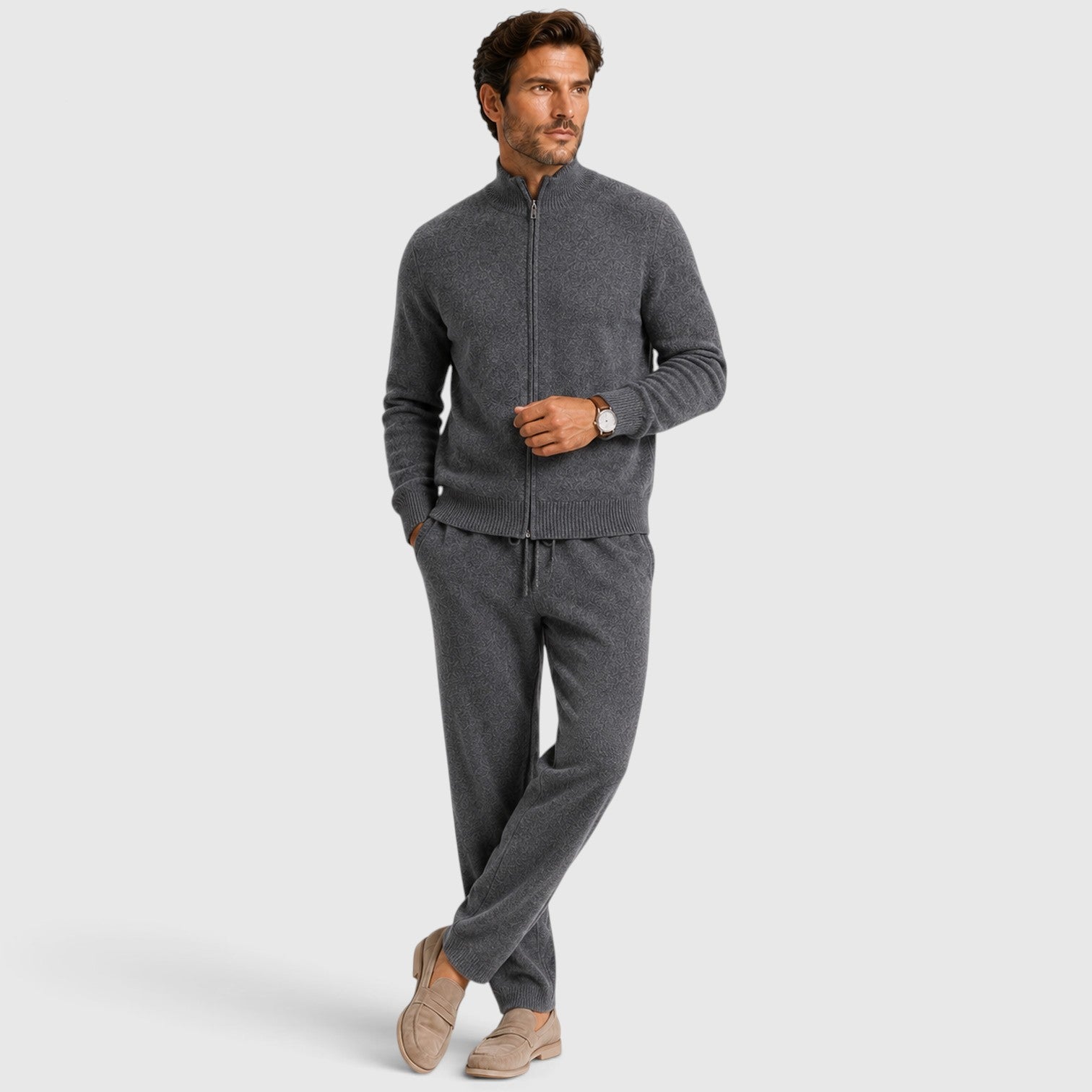 Monvaline | Men's Wool Knit Zip Cardigan Co-Ord Lounge Set