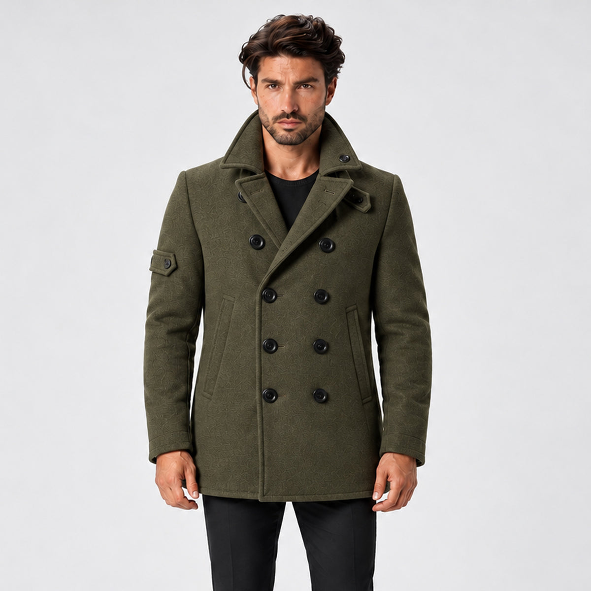 Monvaline | Men's Wool-Textured Pea Coat – Double-Breasted Winter Coat