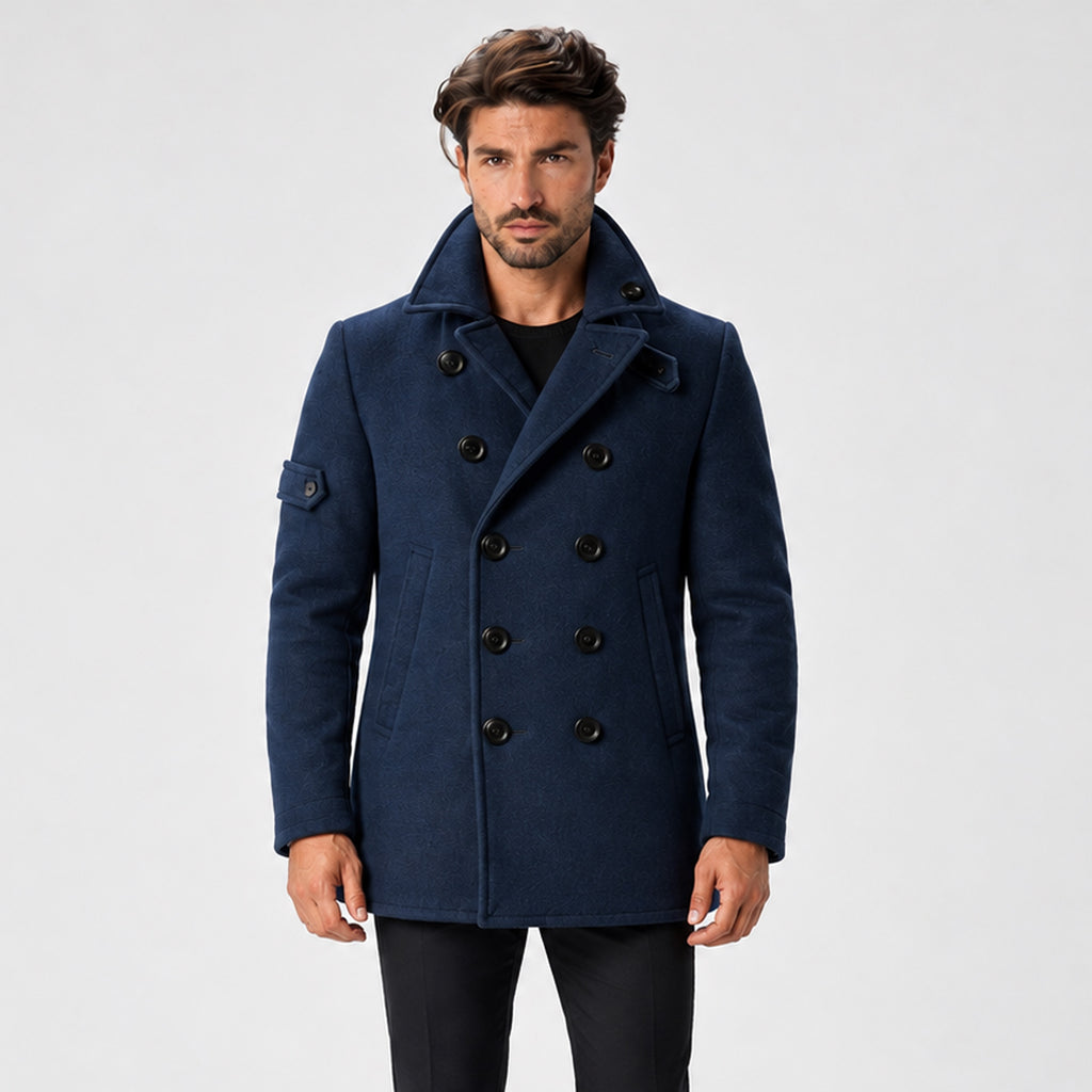 Monvaline | Men's Wool-Textured Pea Coat – Double-Breasted Winter Coat