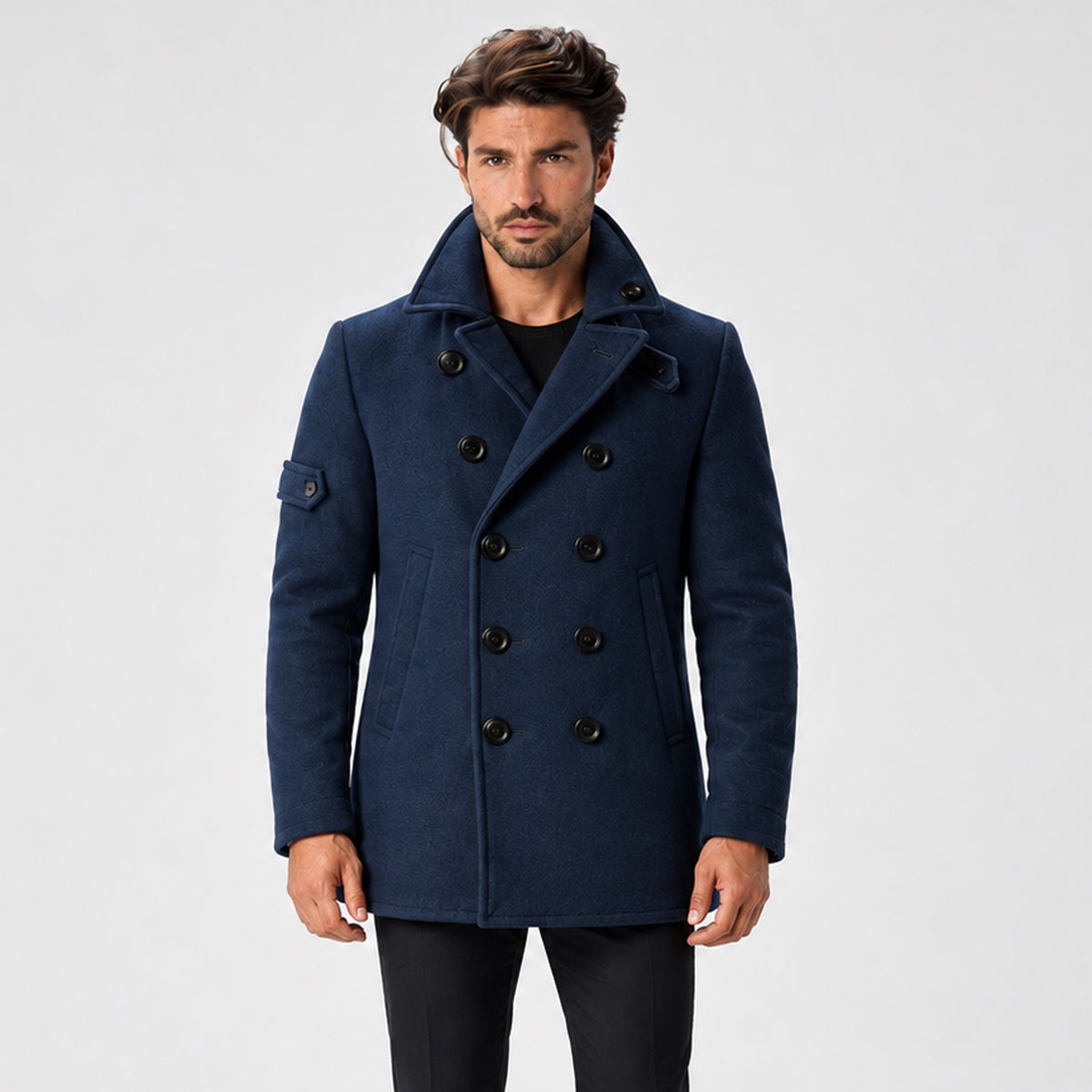 Monvaline | Men's Wool-Textured Pea Coat – Double-Breasted Winter Coat
