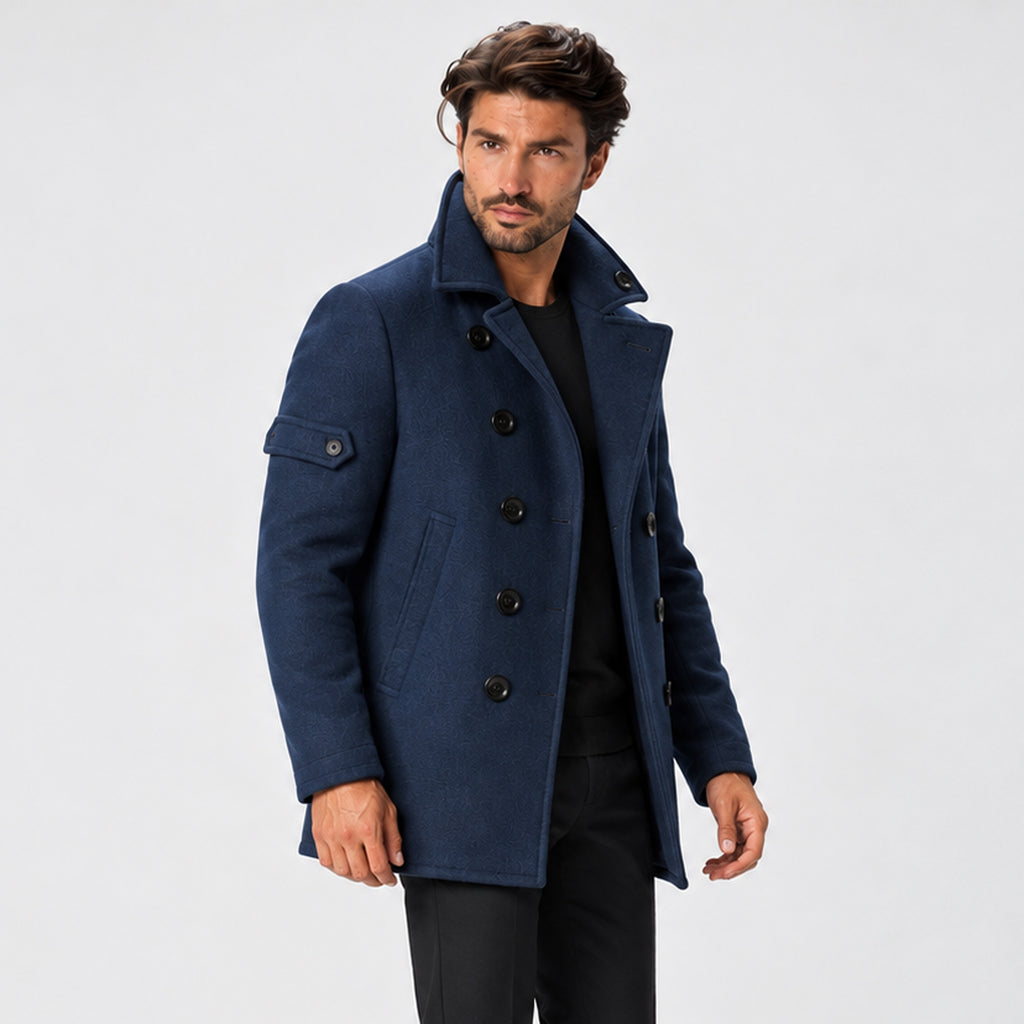 Monvaline | Men's Wool-Textured Pea Coat – Double-Breasted Winter Coat