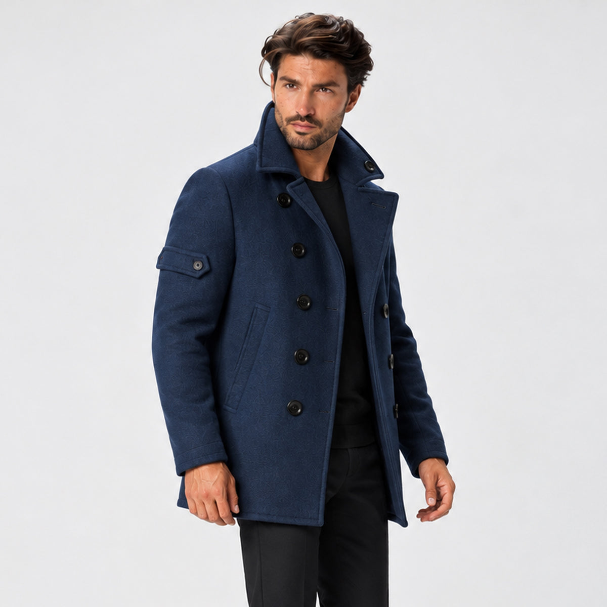 Monvaline | Men's Wool-Textured Pea Coat – Double-Breasted Winter Coat