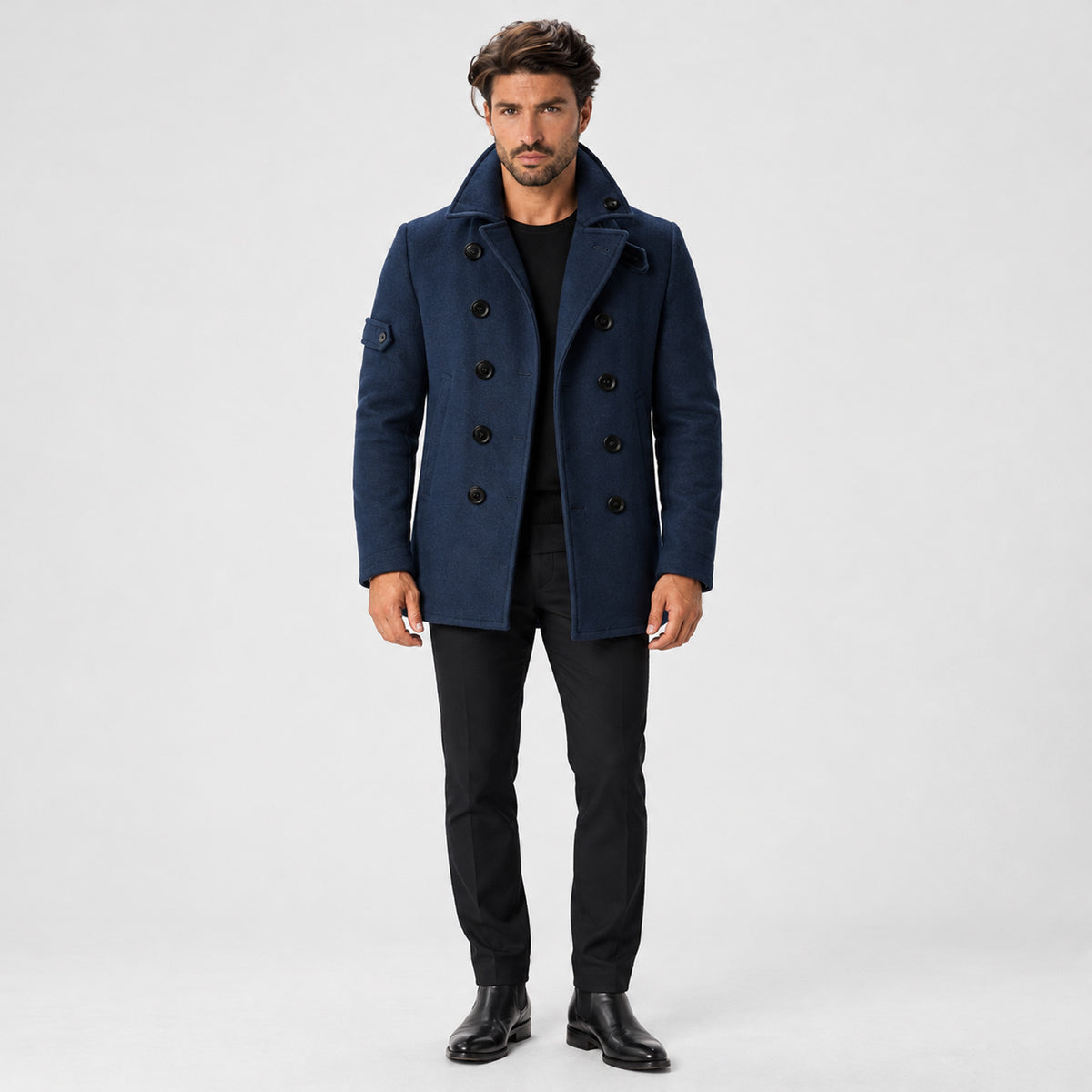 Monvaline | Men's Wool-Textured Pea Coat – Double-Breasted Winter Coat