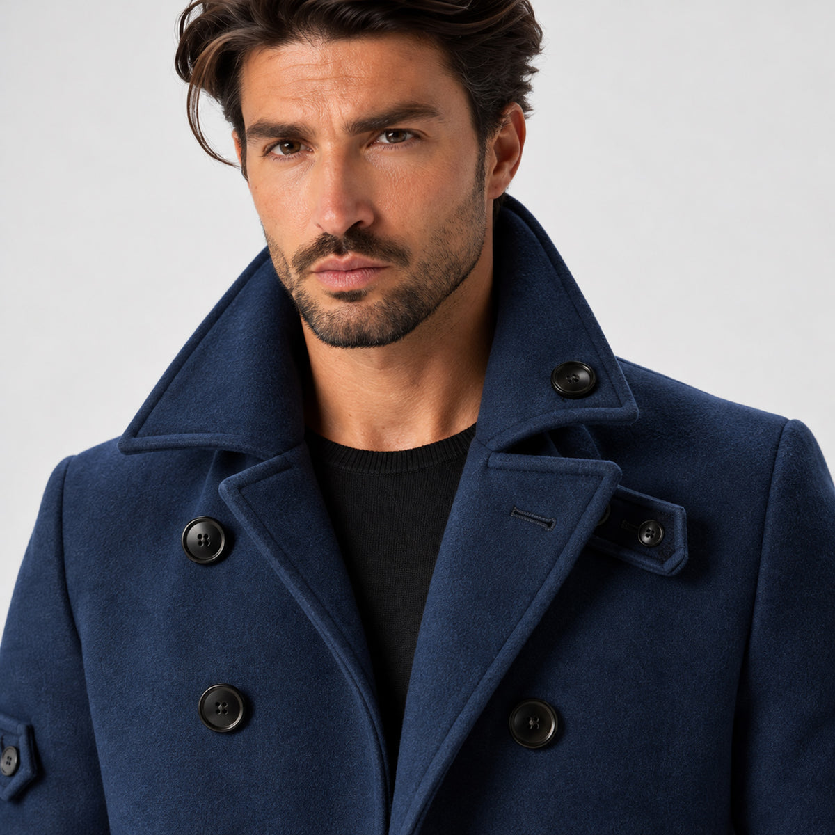Monvaline | Men's Wool-Textured Pea Coat – Double-Breasted Winter Coat