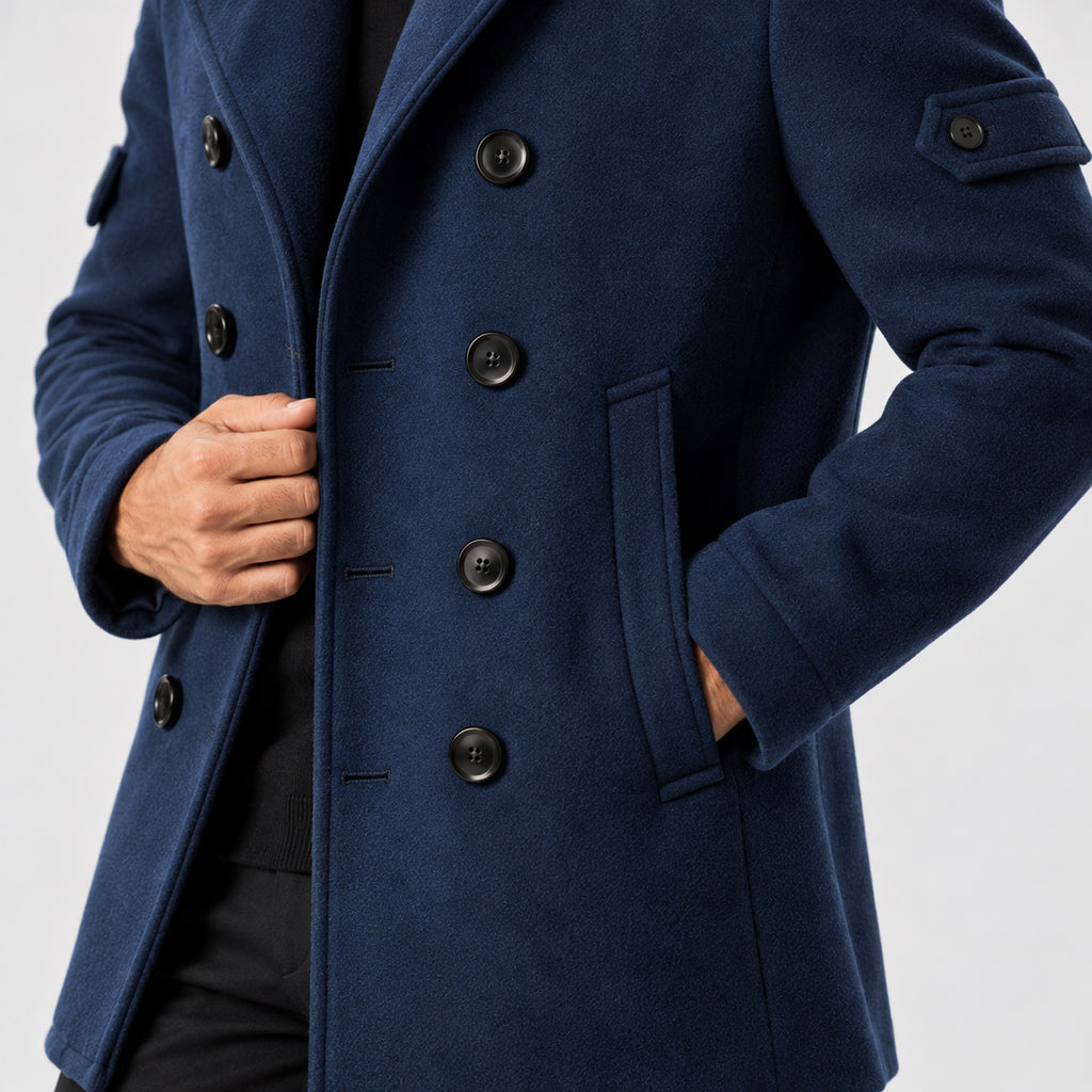 Monvaline | Men's Wool-Textured Pea Coat – Double-Breasted Winter Coat