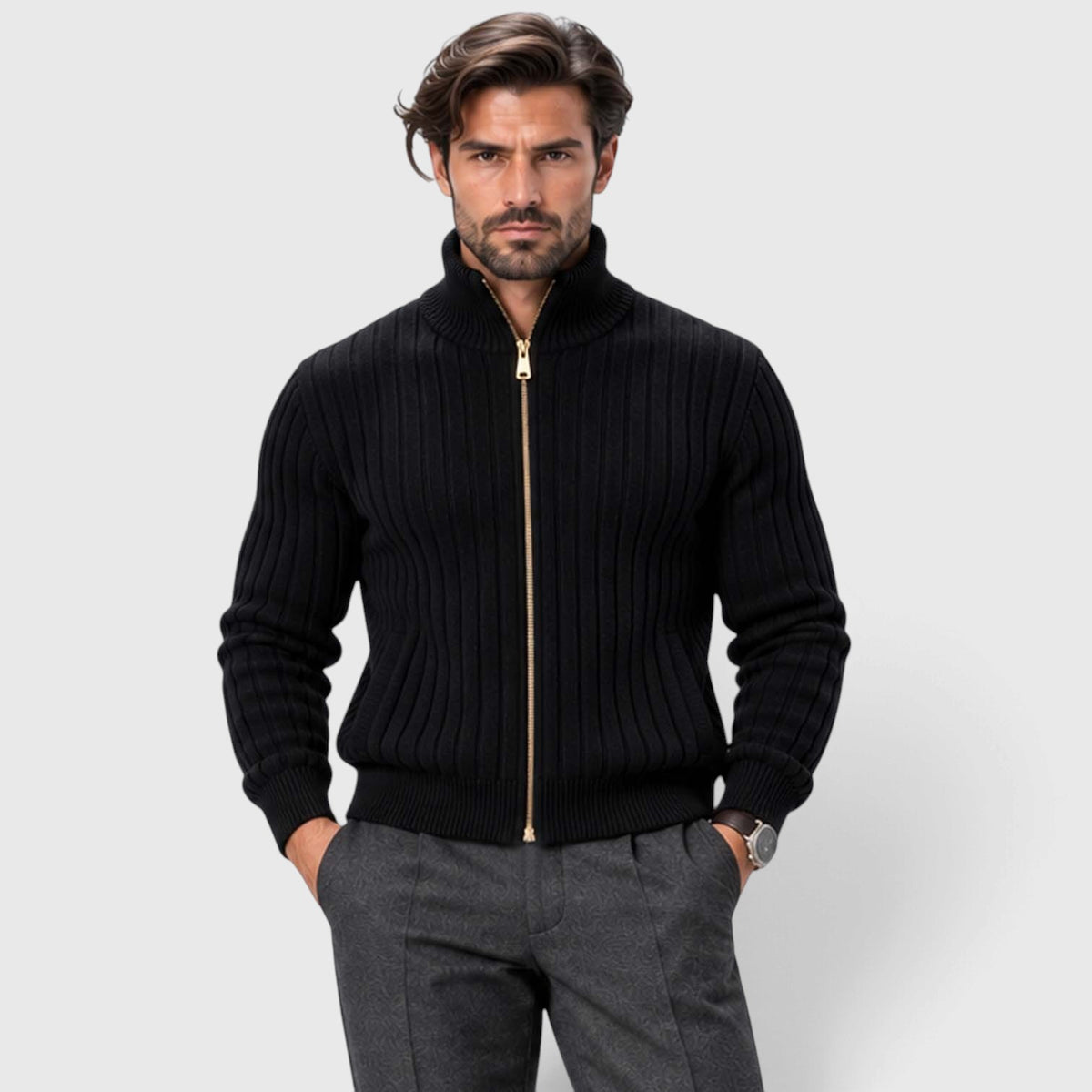 Monvaline | Men's Zip Cardigan Sweater Ribbed Knit Warm Classic Fit