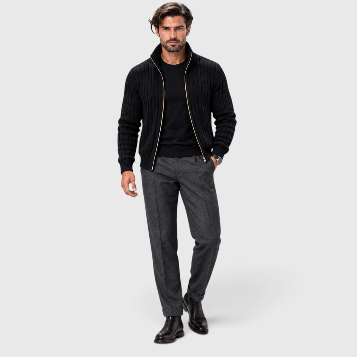 Monvaline | Men's Zip Cardigan Sweater Ribbed Knit Warm Classic Fit