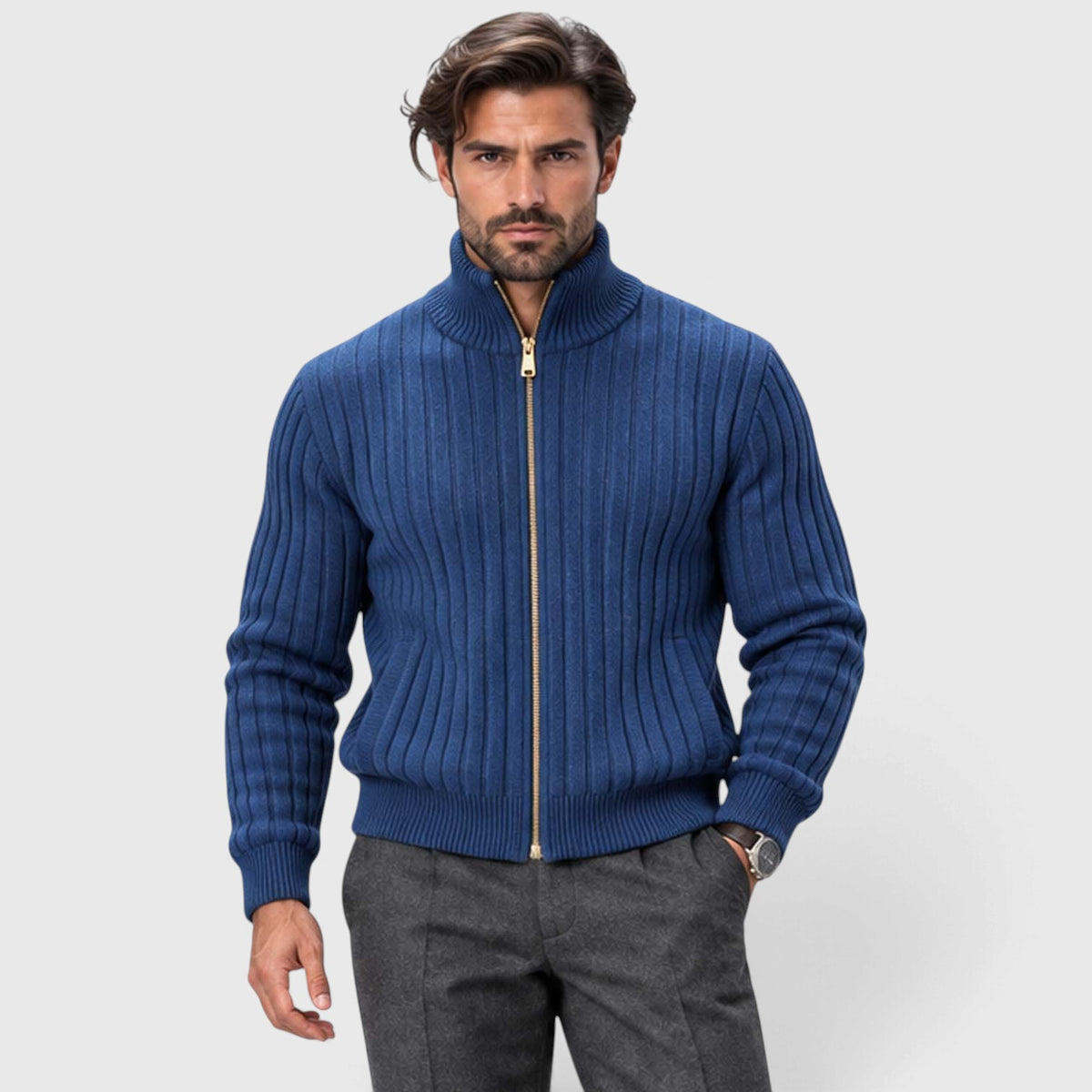 Monvaline | Men's Zip Cardigan Sweater Ribbed Knit Warm Classic Fit