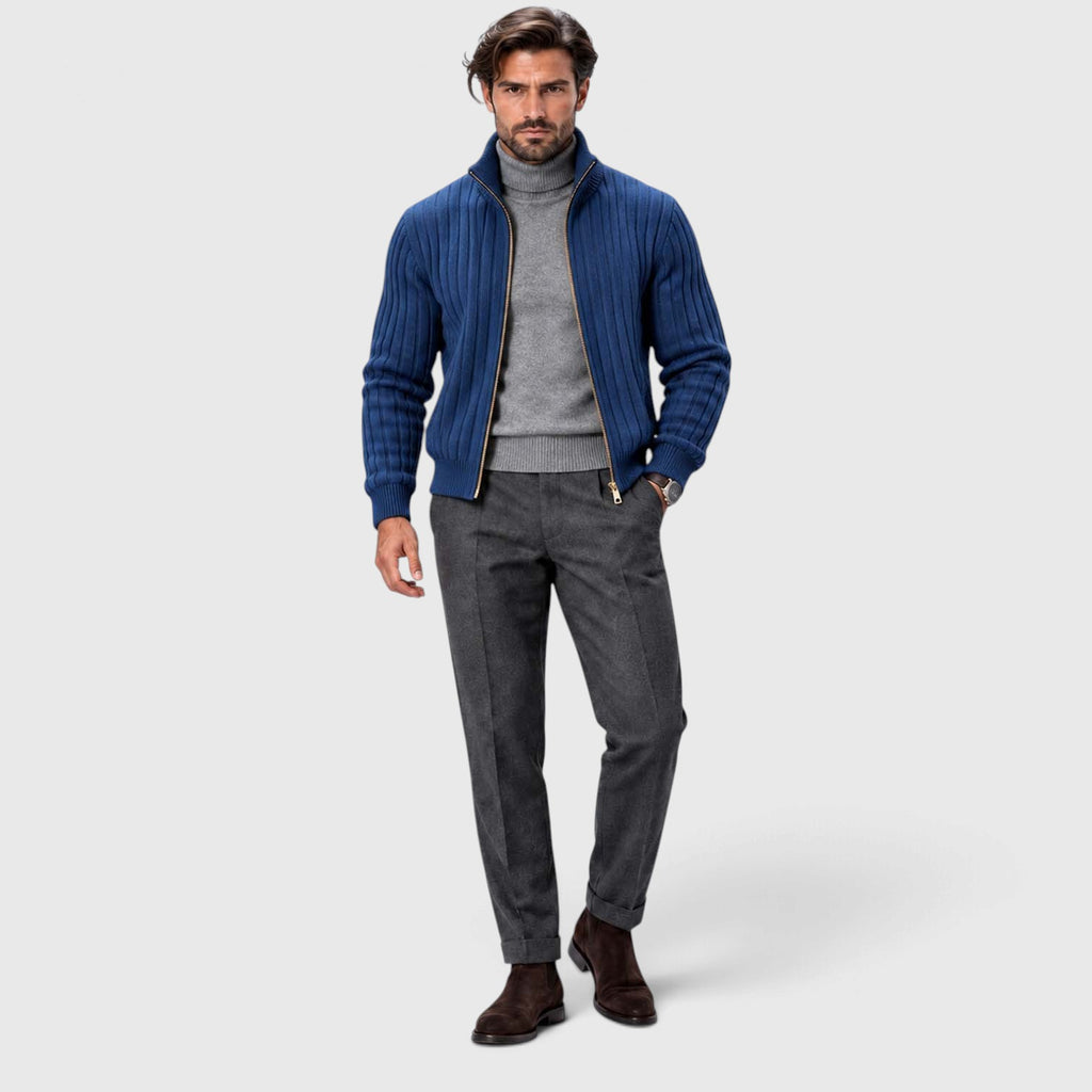 Monvaline | Men's Zip Cardigan Sweater Ribbed Knit Warm Classic Fit