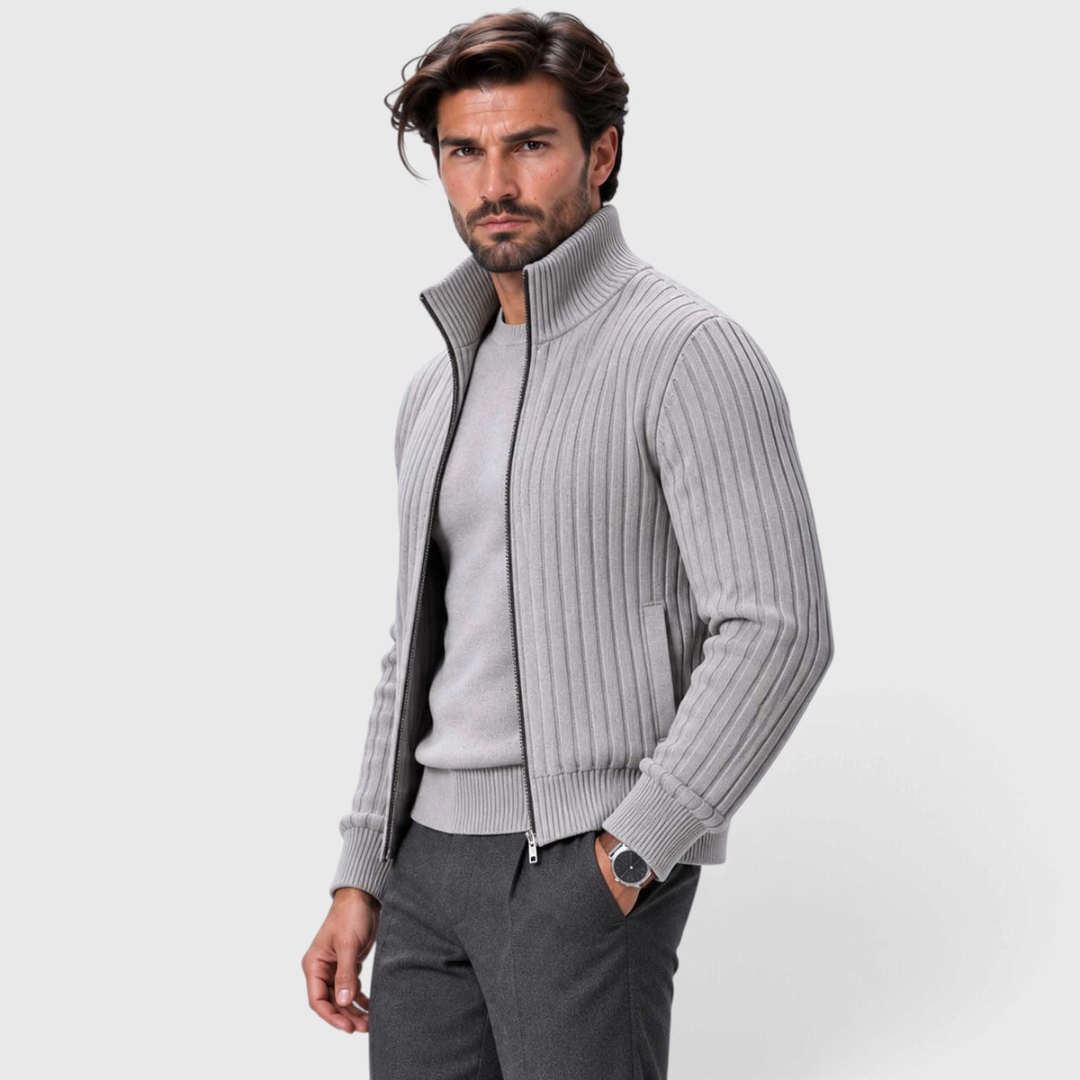 Monvaline | Men's Zip Cardigan Sweater Ribbed Knit Warm Classic Fit