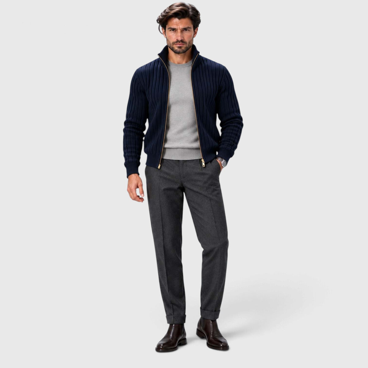 Monvaline | Men's Zip Cardigan Sweater Ribbed Knit Warm Classic Fit