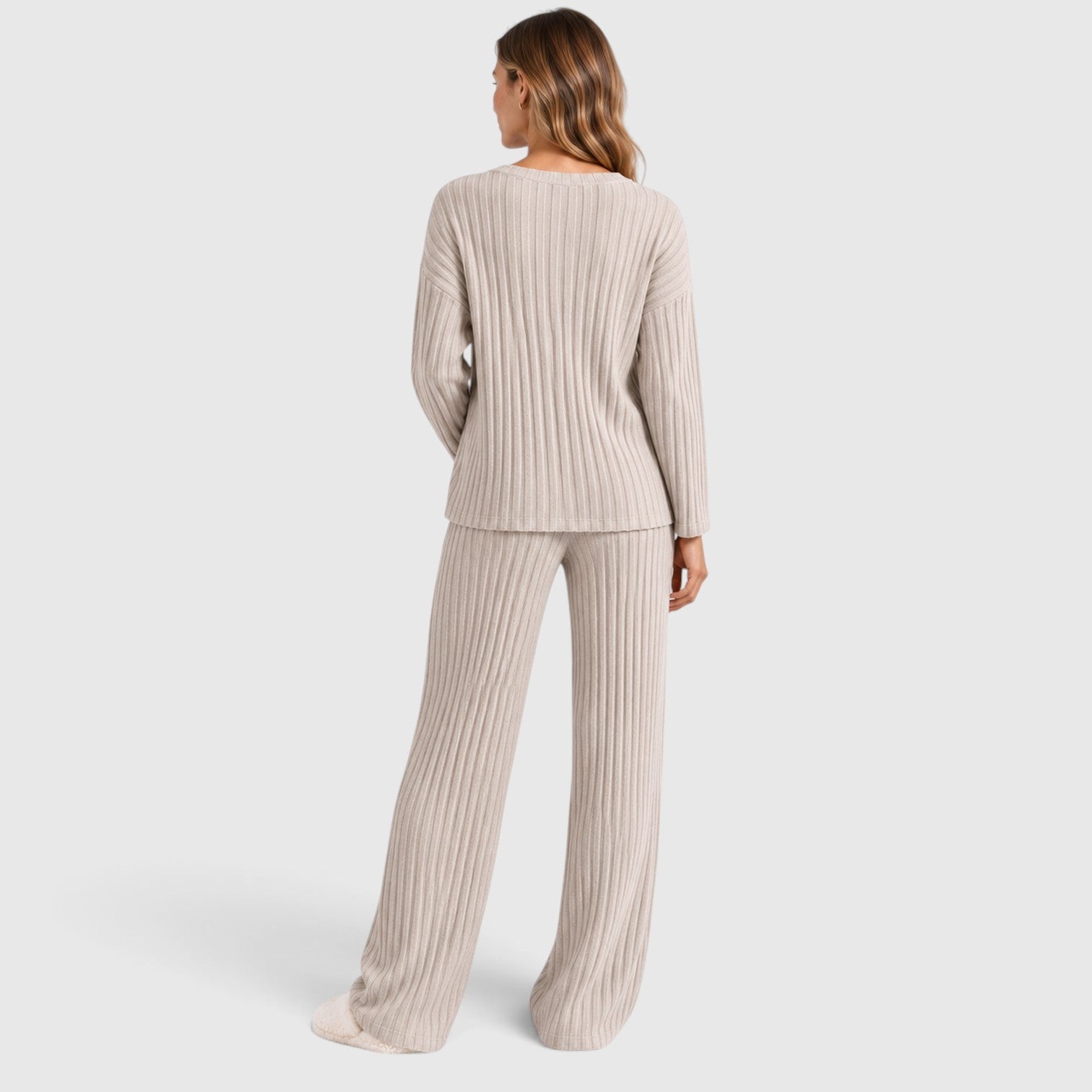 Monvaline | Women’s 2 Piece Lounge Outfit – Ribbed Knit Top and Wide Leg Pants