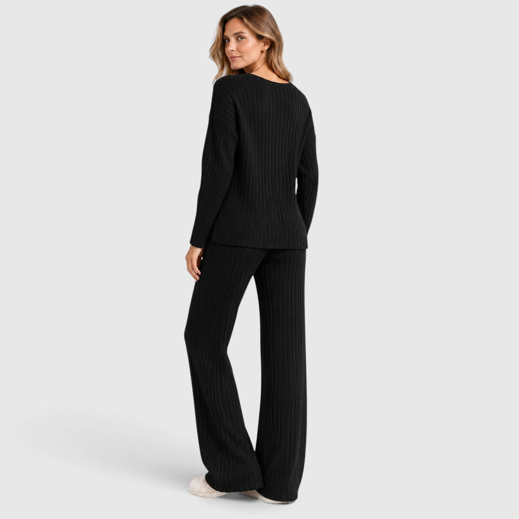 Monvaline | Women’s 2 Piece Lounge Outfit – Ribbed Knit Top and Wide Leg Pants