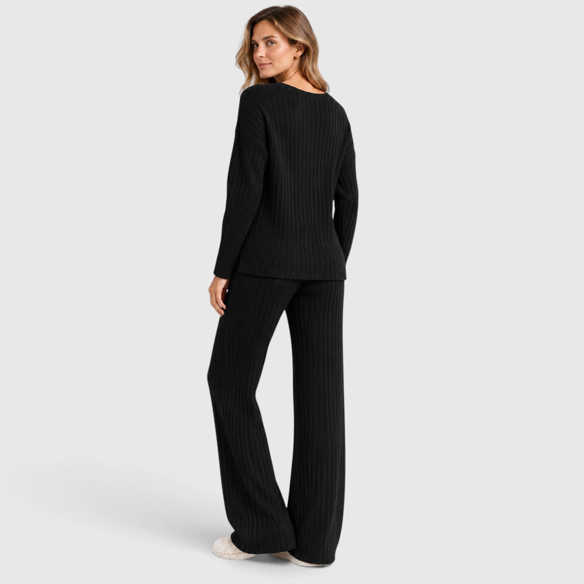 Monvaline | Women’s 2 Piece Lounge Outfit – Ribbed Knit Top and Wide Leg Pants