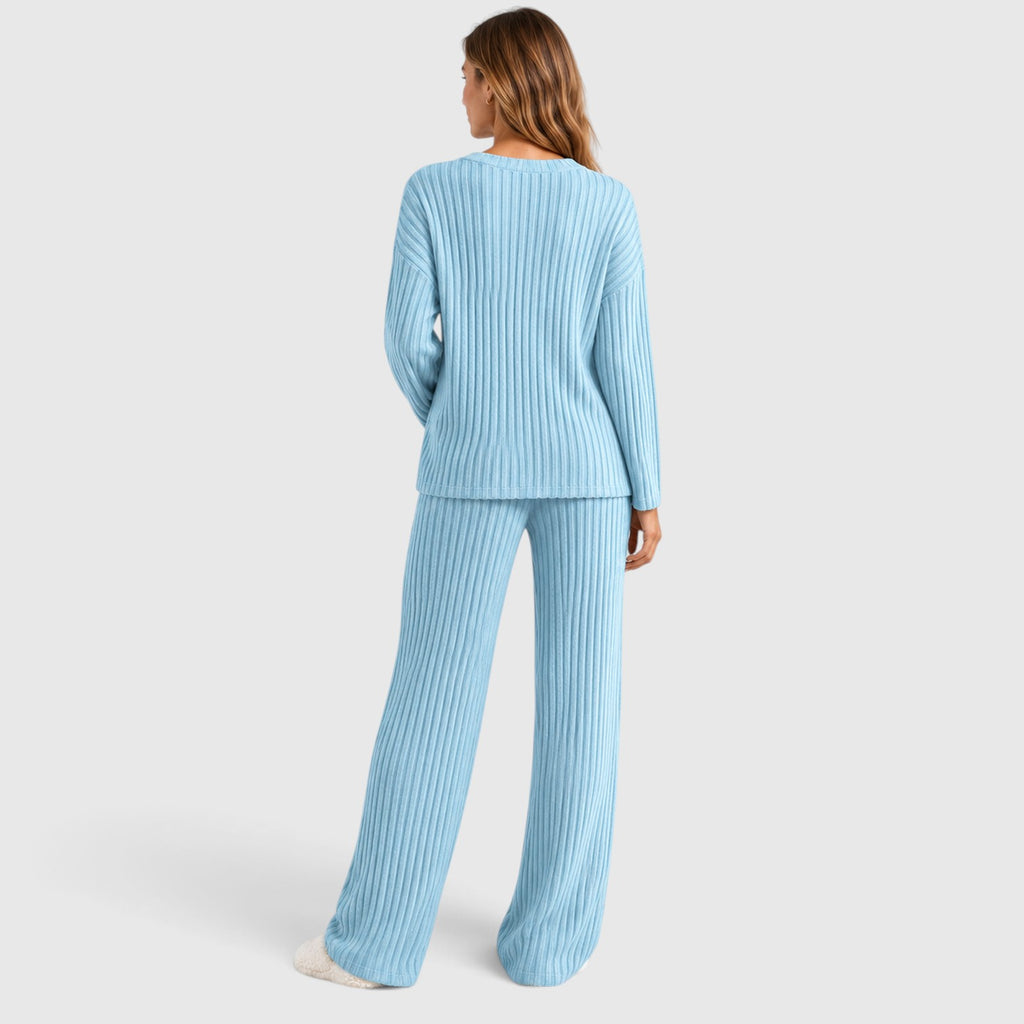 Monvaline | Women’s 2 Piece Lounge Outfit – Ribbed Knit Top and Wide Leg Pants
