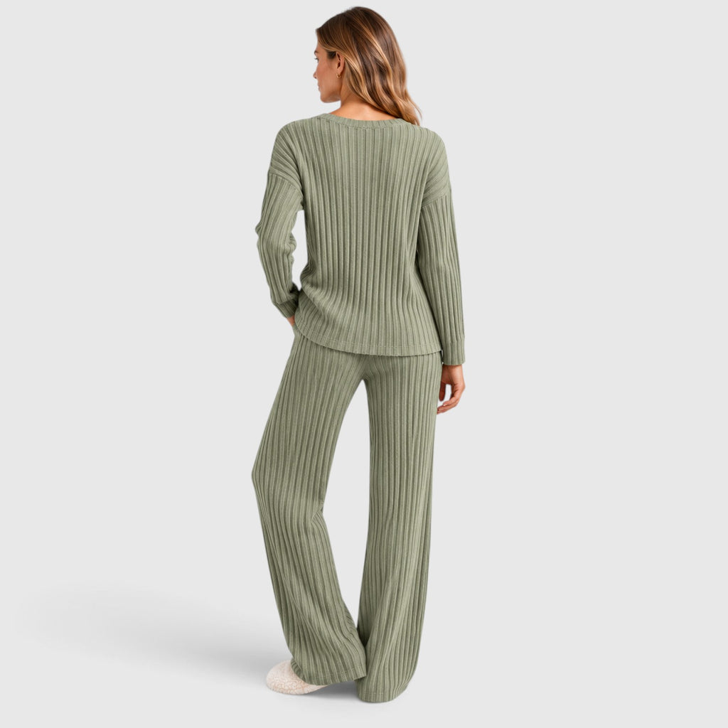 Monvaline | Women’s 2 Piece Lounge Outfit – Ribbed Knit Top and Wide Leg Pants