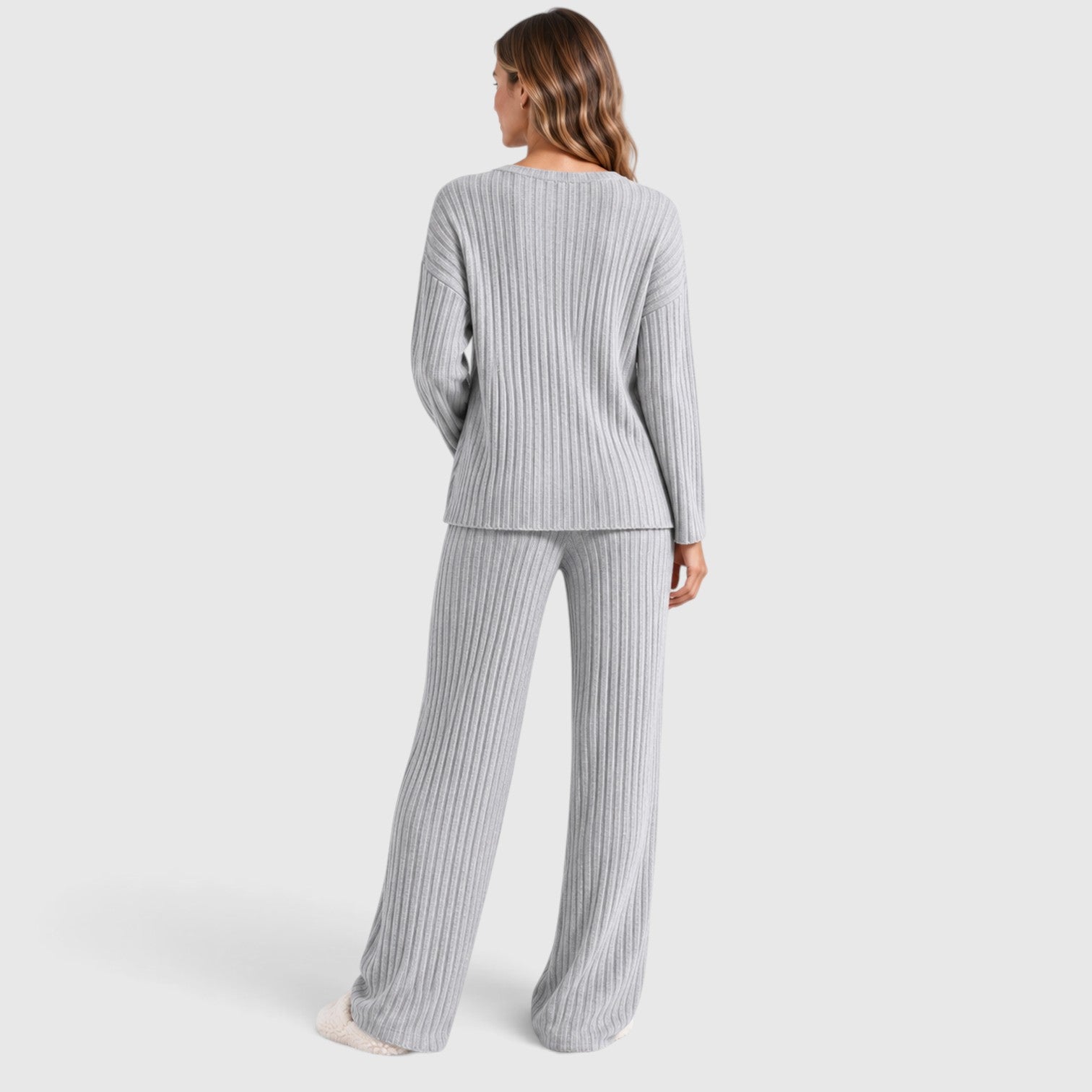 Monvaline | Women’s 2 Piece Lounge Outfit – Ribbed Knit Top and Wide Leg Pants