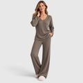Monvaline | Women’s 2 Piece Lounge Outfit – Ribbed Knit Top and Wide Leg Pants