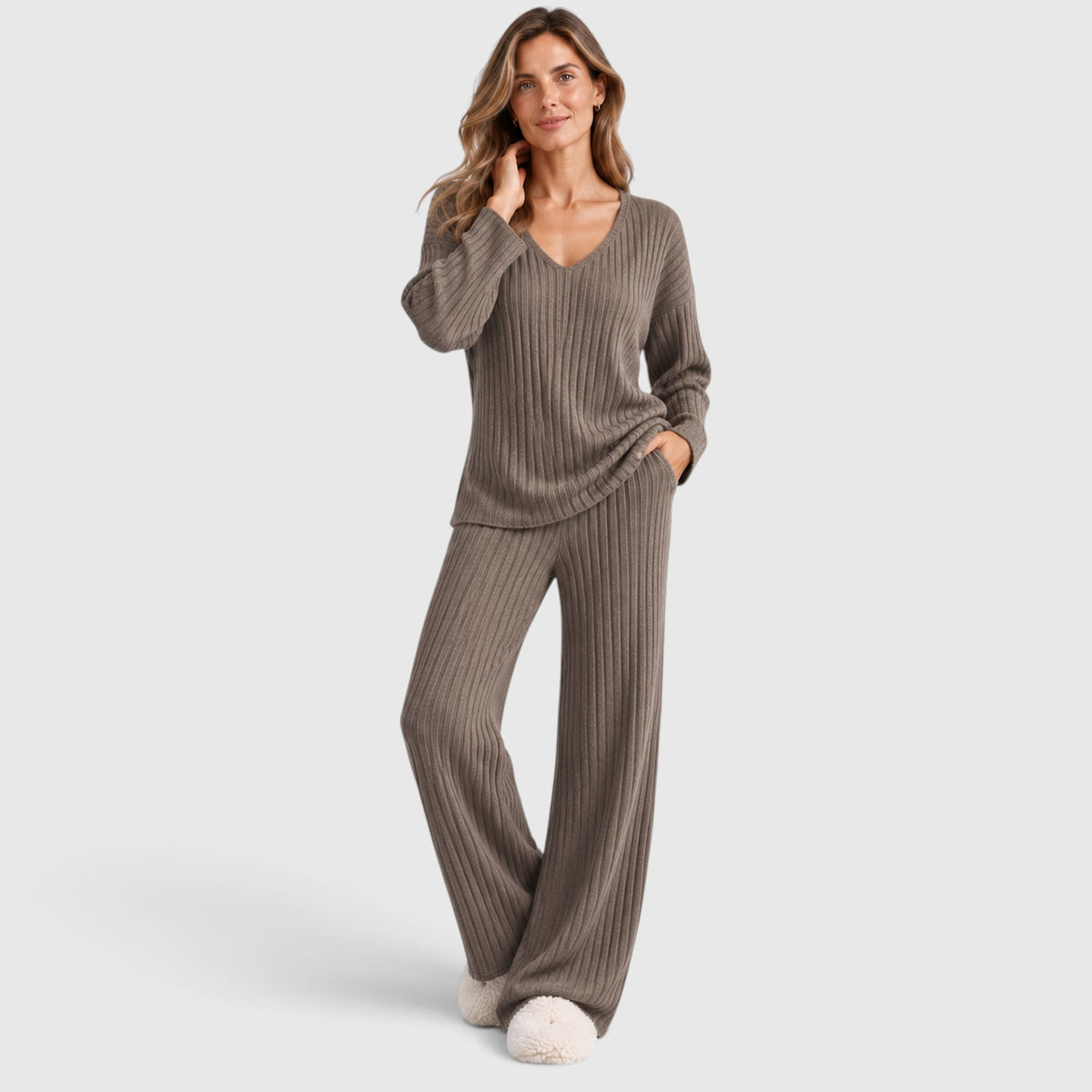 Monvaline | Women’s 2 Piece Lounge Outfit – Ribbed Knit Top and Wide Leg Pants