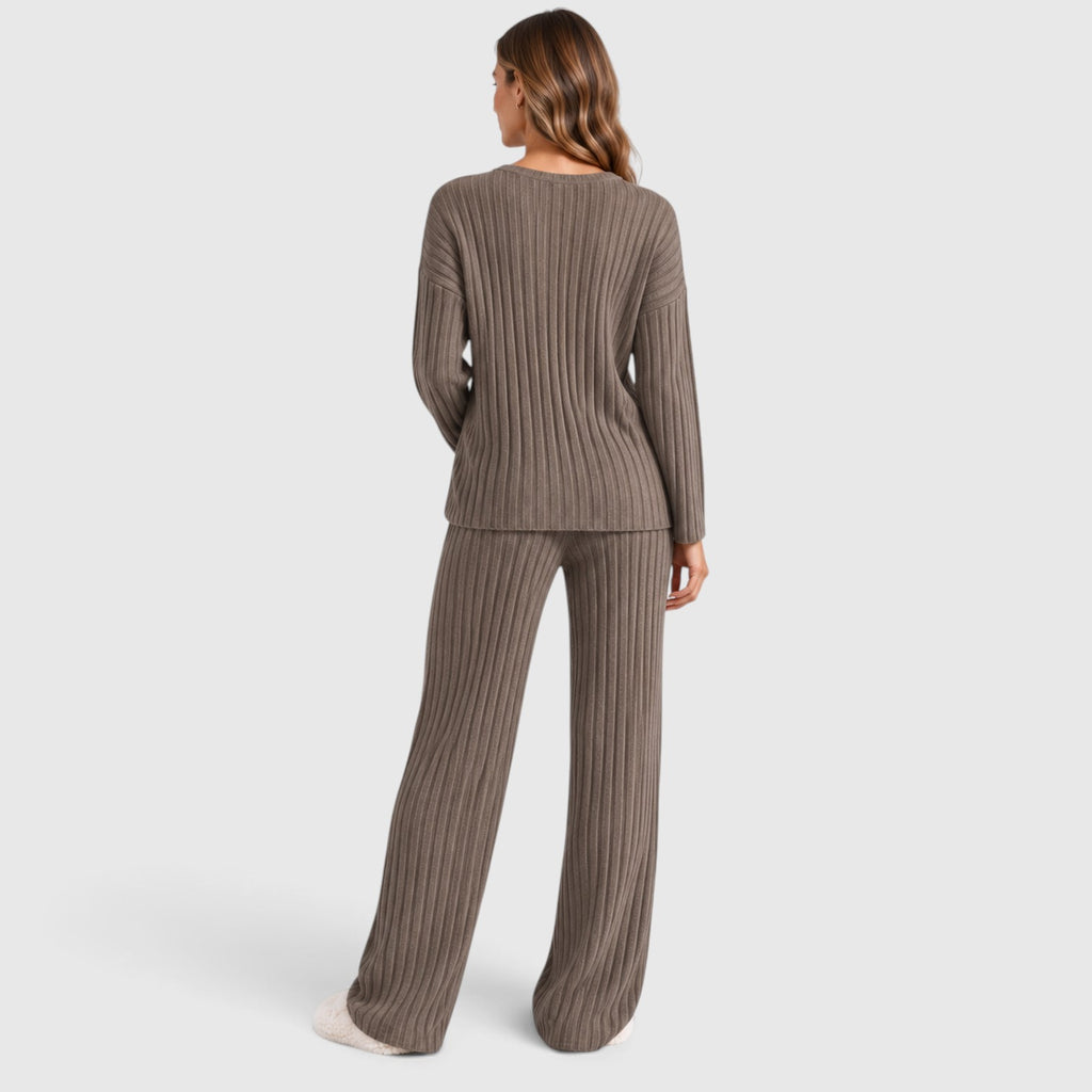 Monvaline | Women’s 2 Piece Lounge Outfit – Ribbed Knit Top and Wide Leg Pants