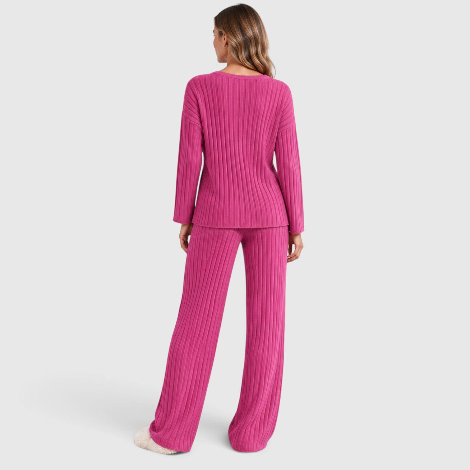 Monvaline | Women’s 2 Piece Lounge Outfit – Ribbed Knit Top and Wide Leg Pants
