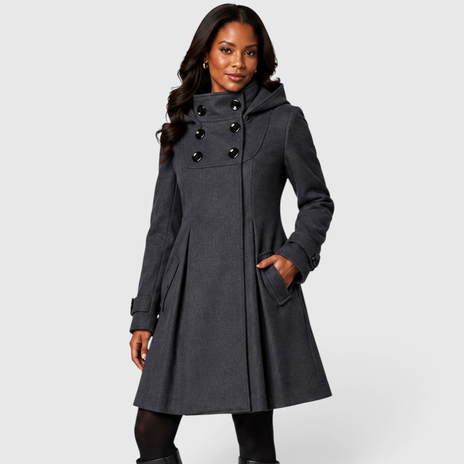 Monvaline | Women’s Double Breasted High Neck A-Line Winter Coat