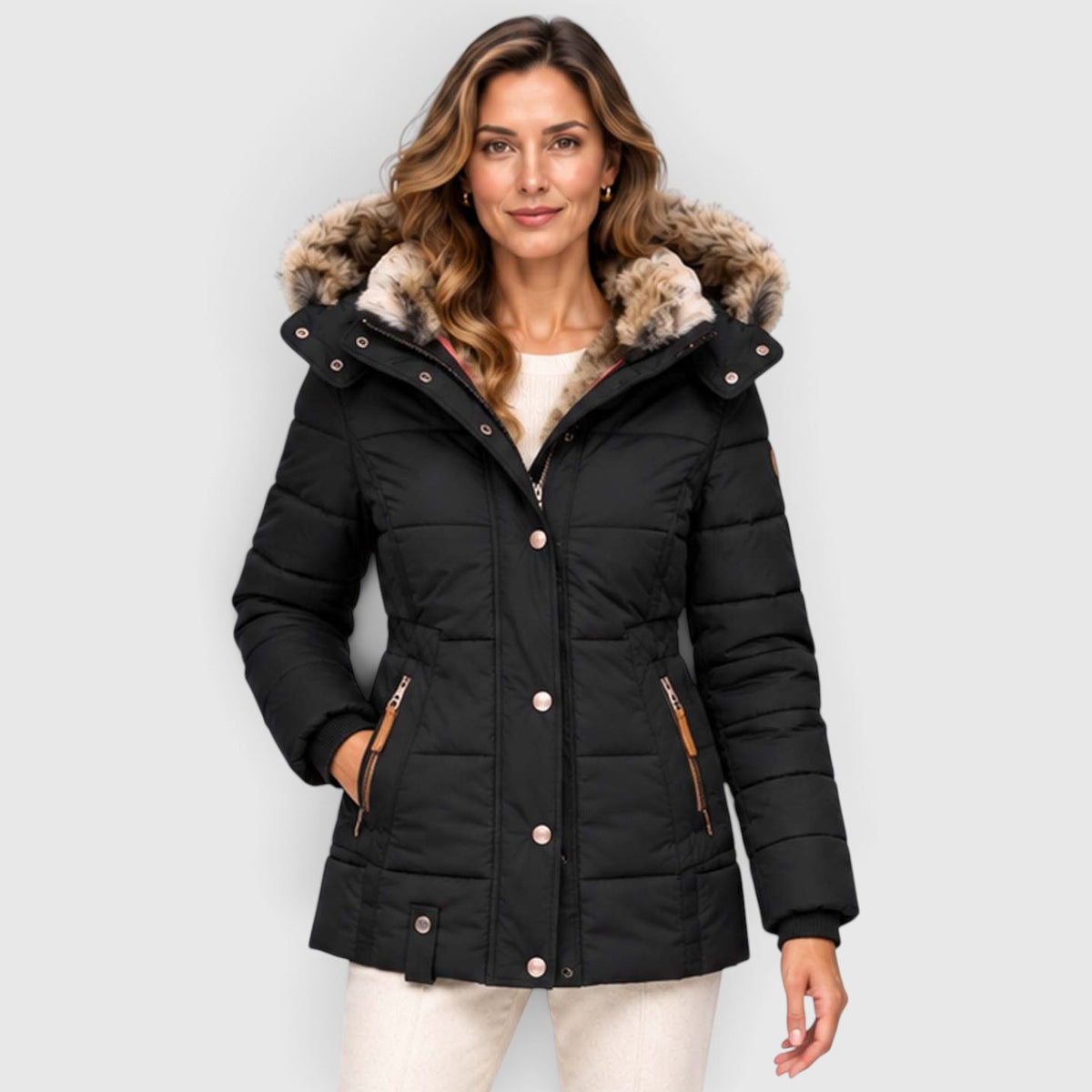 Monvaline | Women's Quilted Puffer Jacket Faux Fur Hood Winter Coat