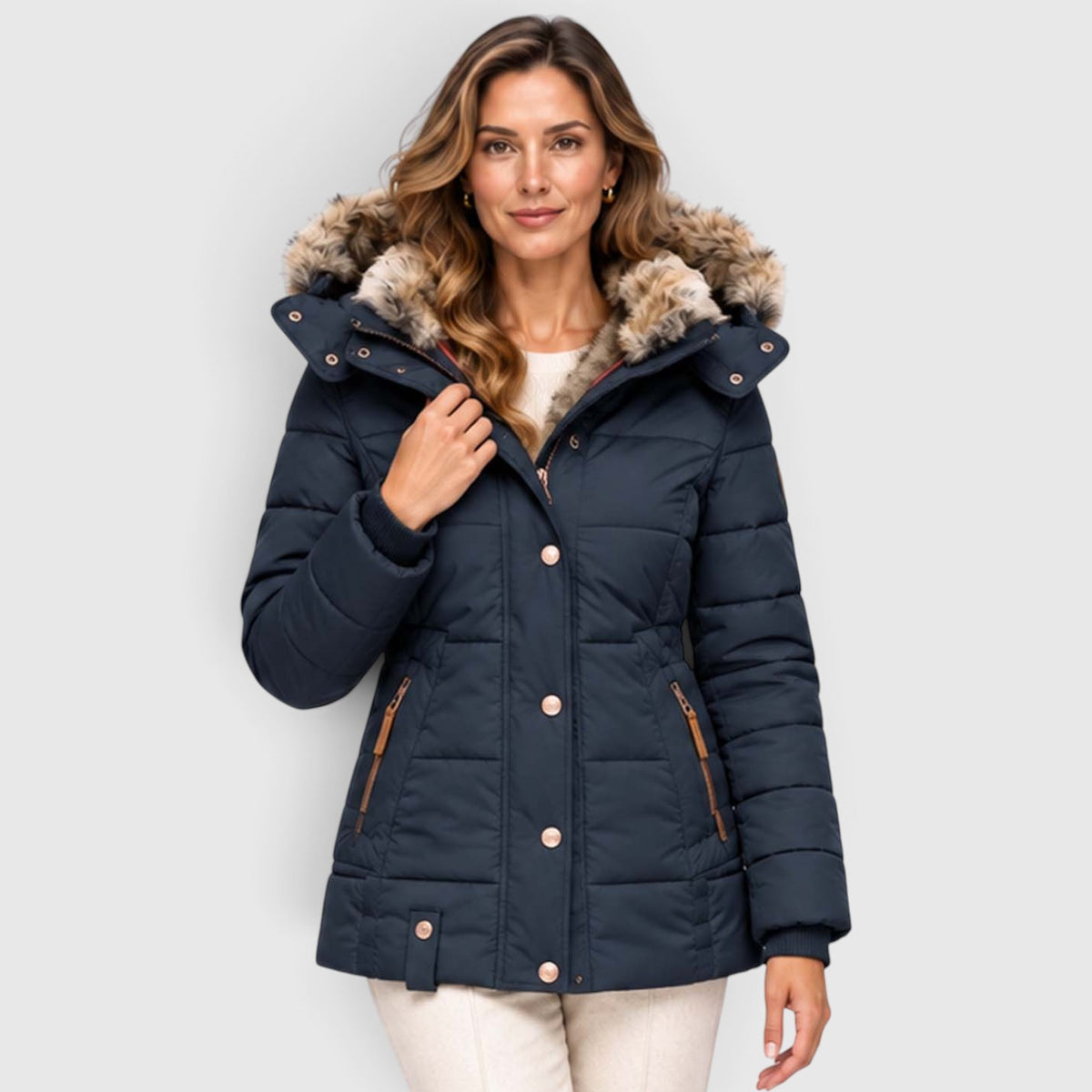 Monvaline | Women's Quilted Puffer Jacket Faux Fur Hood Winter Coat