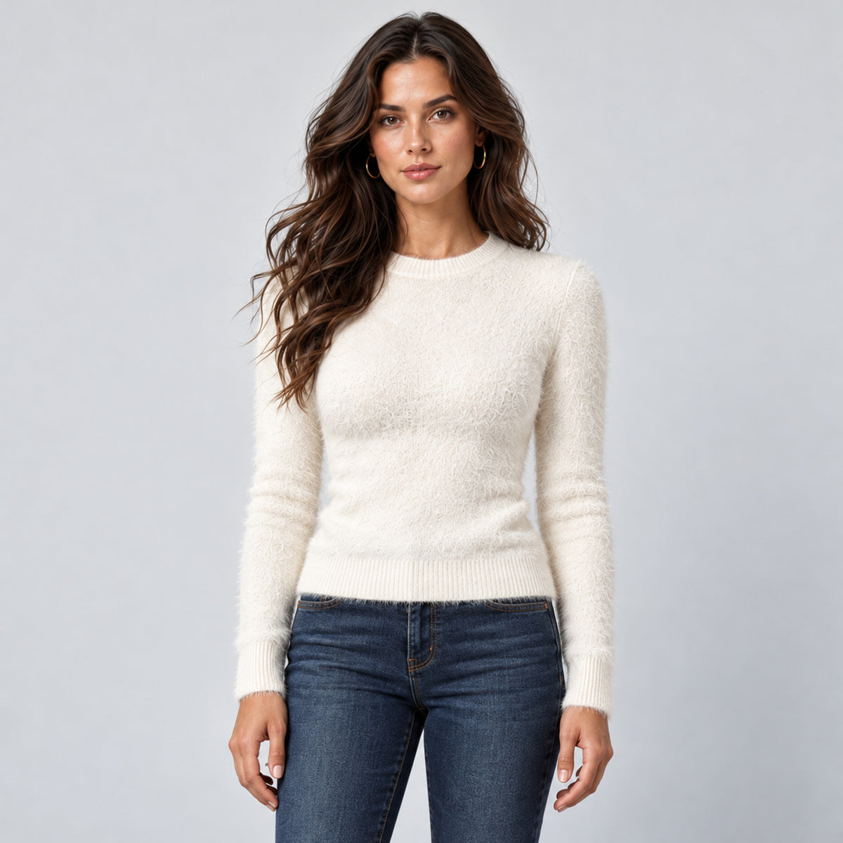 Monvaline | Women’s Fluffy Knit Jumper – Crew Neck Winter Pullover