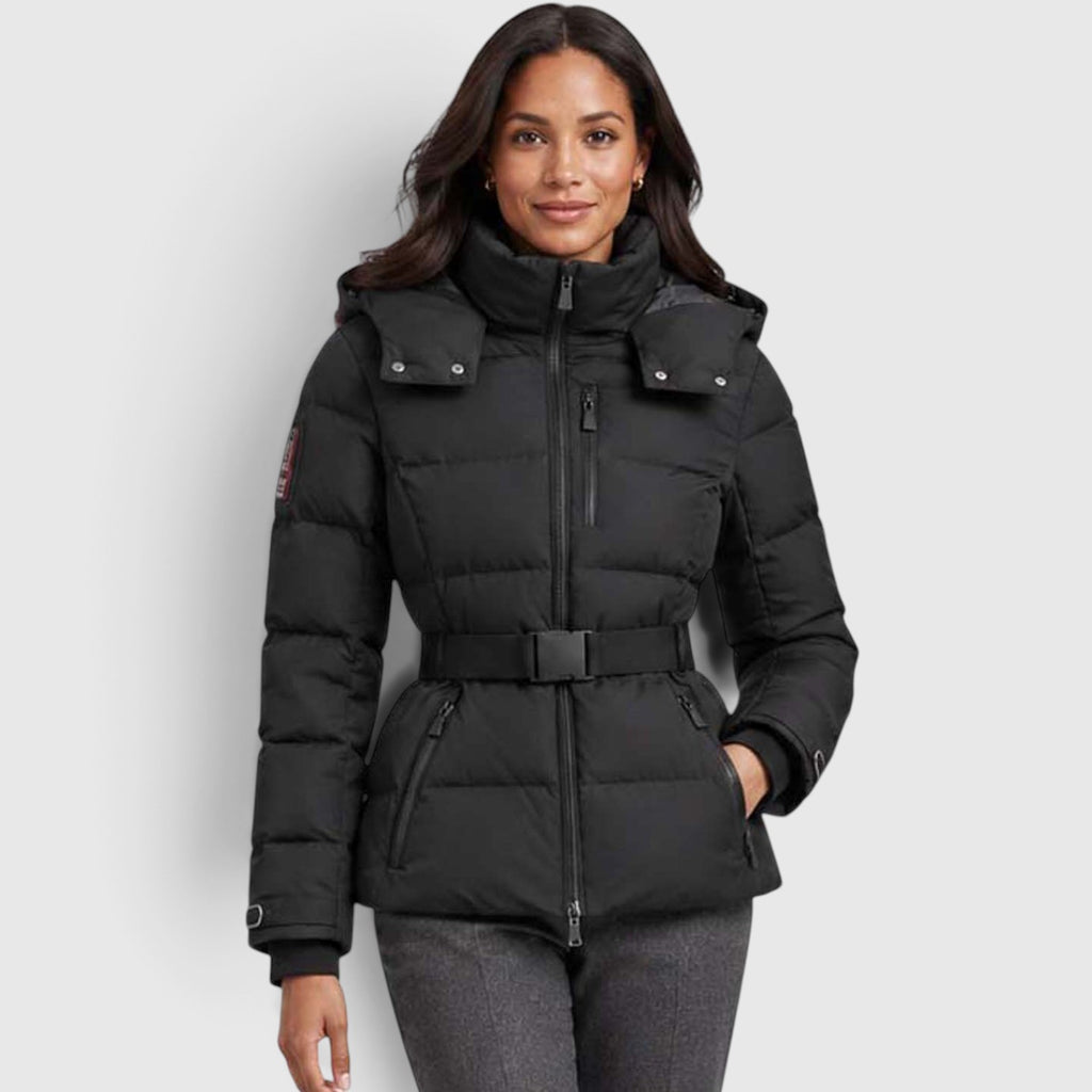 Monvaline | Women’s Hooded Puffer Jacket – Belted Waist & Cold-Weather Warmth