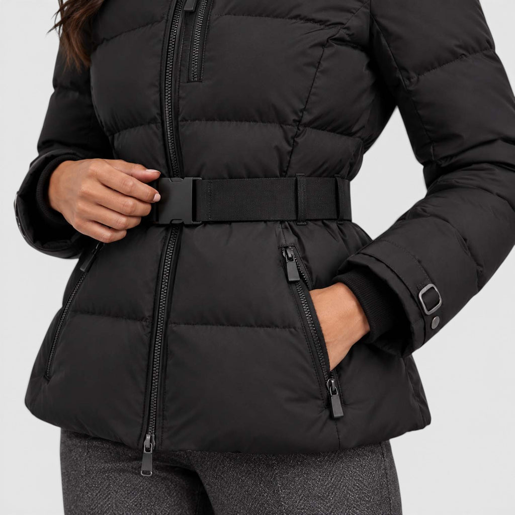 Monvaline | Women’s Hooded Puffer Jacket – Belted Waist & Cold-Weather Warmth