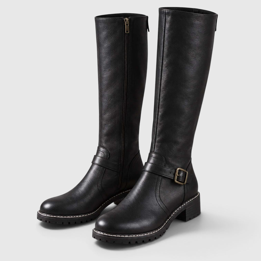 Monvaline | Women’s Leather Block Heel Boots – Knee High Classic Style