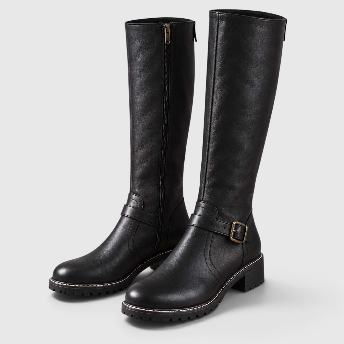 Monvaline | Women’s Leather Block Heel Boots – Knee High Classic Style