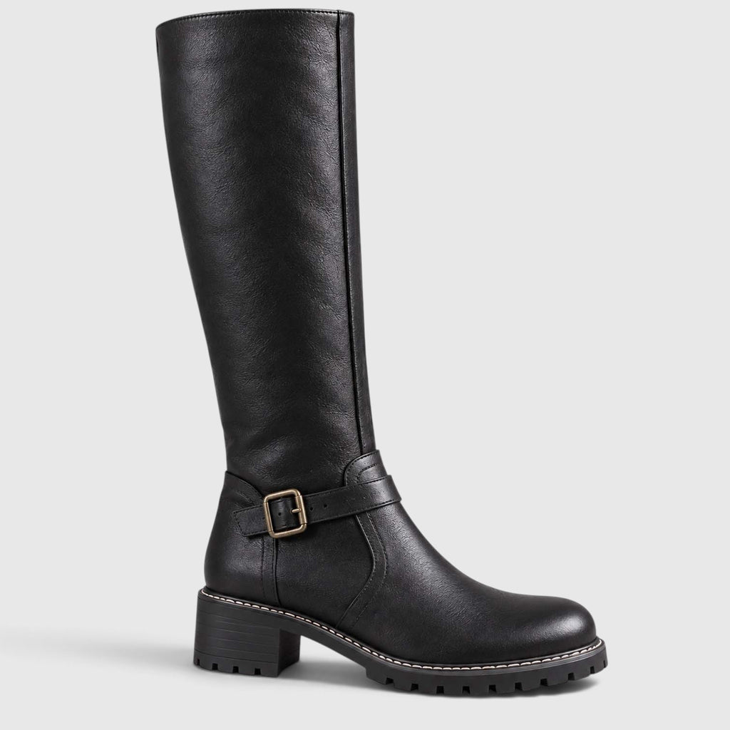 Monvaline | Women’s Leather Block Heel Boots – Knee High Classic Style
