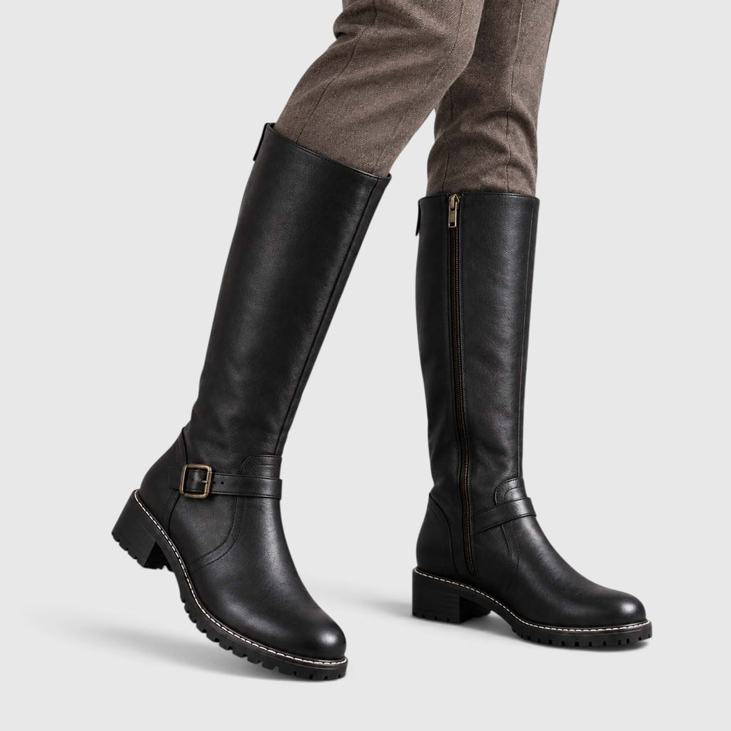 Monvaline | Women’s Leather Block Heel Boots – Knee High Classic Style