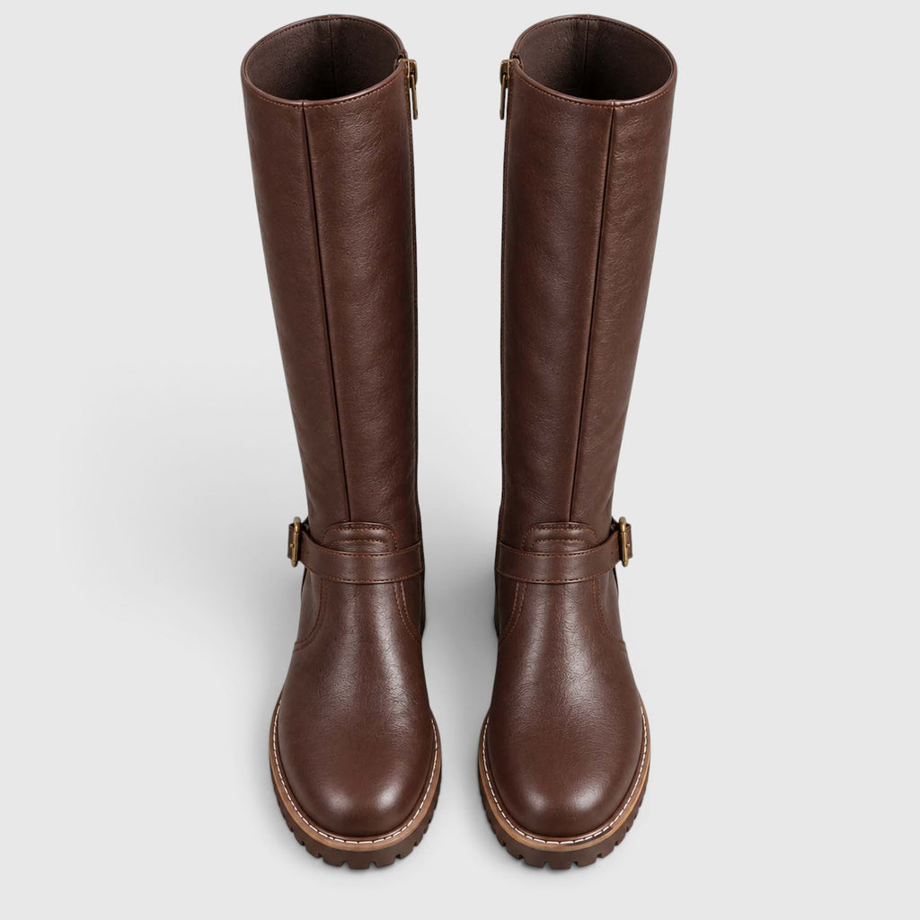 Monvaline | Women’s Leather Block Heel Boots – Knee High Classic Style