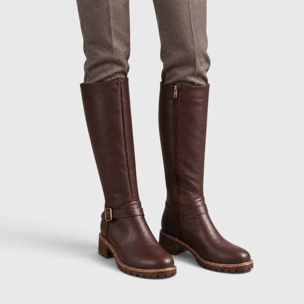 Monvaline | Women’s Leather Block Heel Boots – Knee High Classic Style