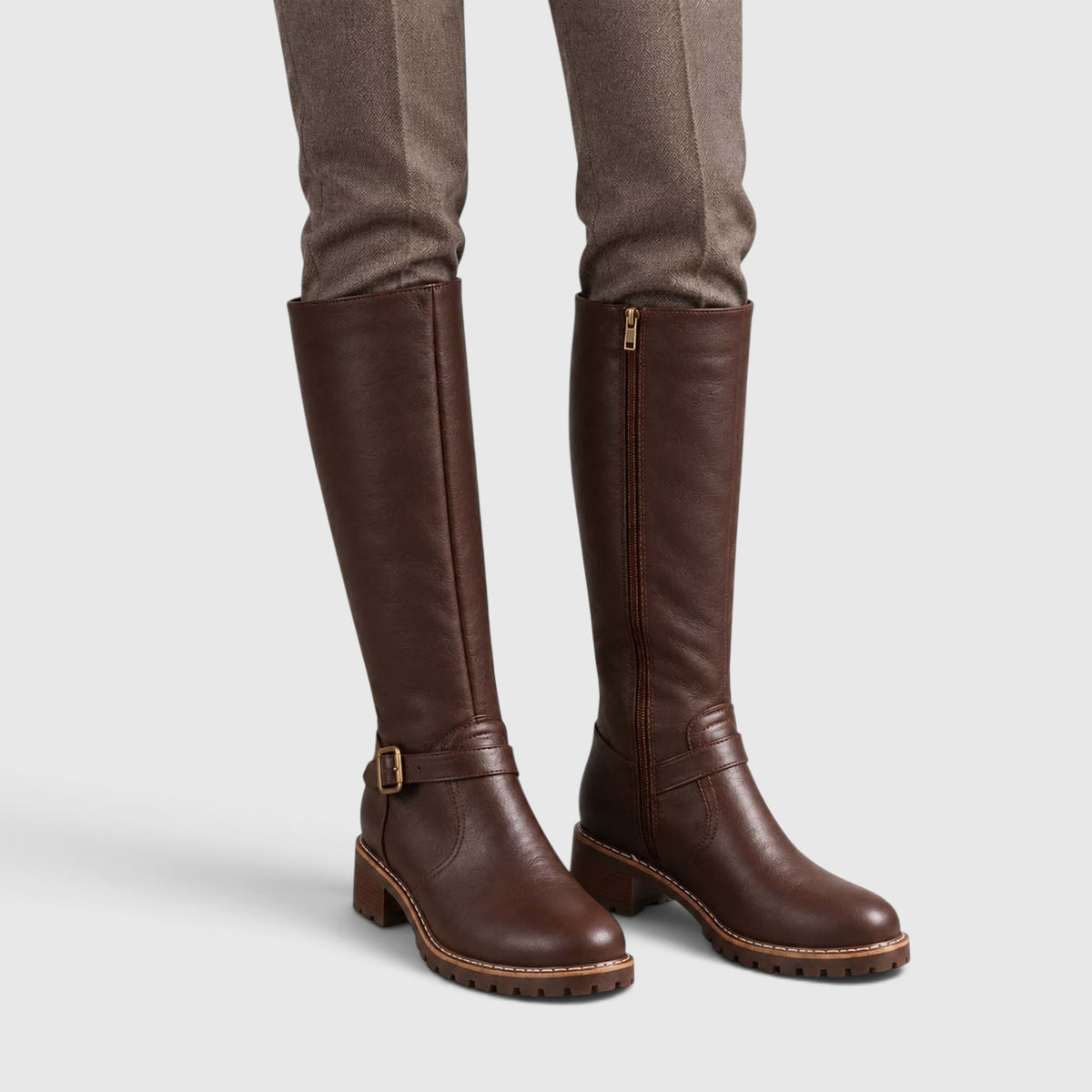 Monvaline | Women’s Leather Block Heel Boots – Knee High Classic Style