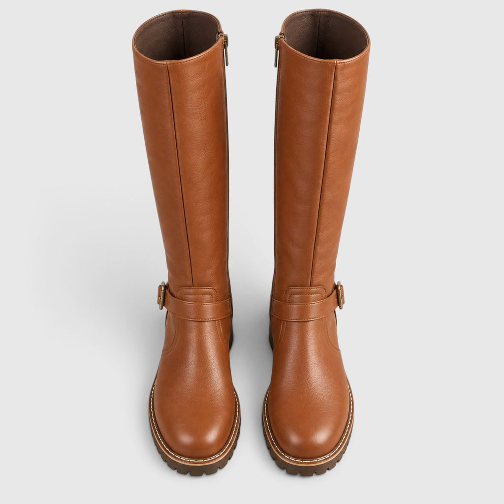 Monvaline | Women’s Leather Block Heel Boots – Knee High Classic Style