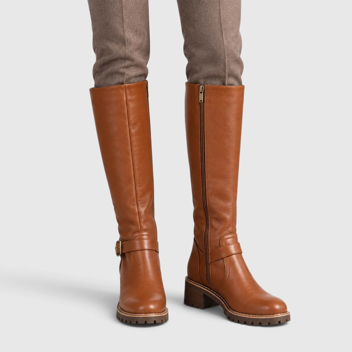 Monvaline | Women’s Leather Block Heel Boots – Knee High Classic Style