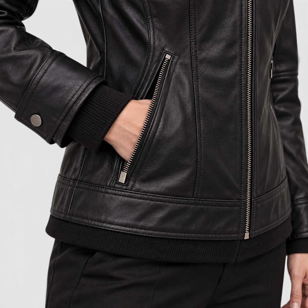 Monvaline | Women’s Leather Bomber Jacket with Detachable Hood