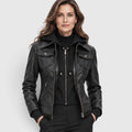 Monvaline | Women’s Leather Bomber Jacket with Detachable Hood