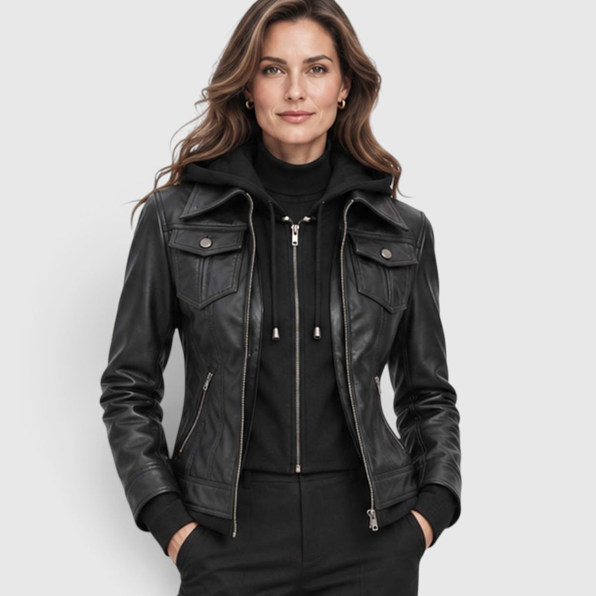 Monvaline | Women’s Leather Bomber Jacket with Detachable Hood