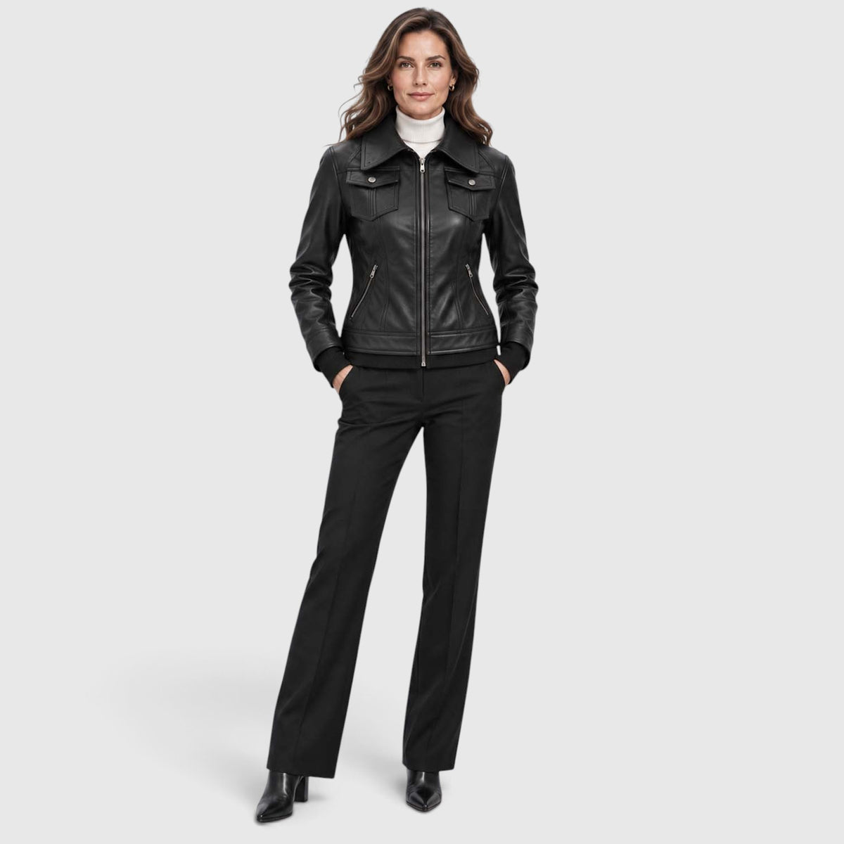 Monvaline | Women’s Leather Bomber Jacket with Detachable Hood