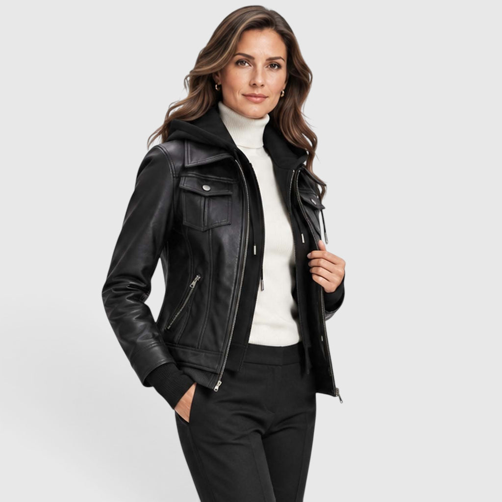 Monvaline | Women’s Leather Bomber Jacket with Detachable Hood