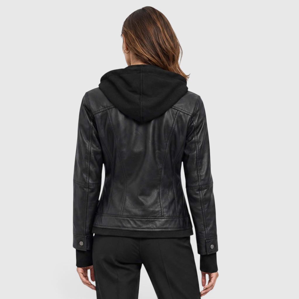 Monvaline | Women’s Leather Bomber Jacket with Detachable Hood