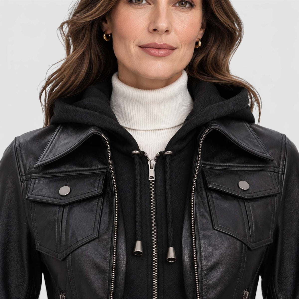 Monvaline | Women’s Leather Bomber Jacket with Detachable Hood