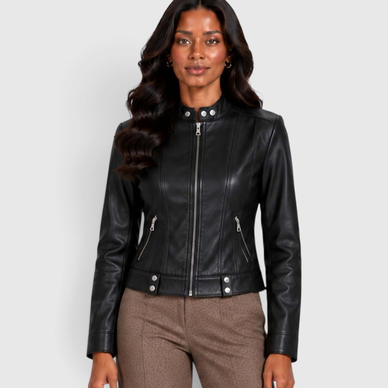 Monvaline | Women’s Leather Jacket with Zip Pockets for Casual Wear
